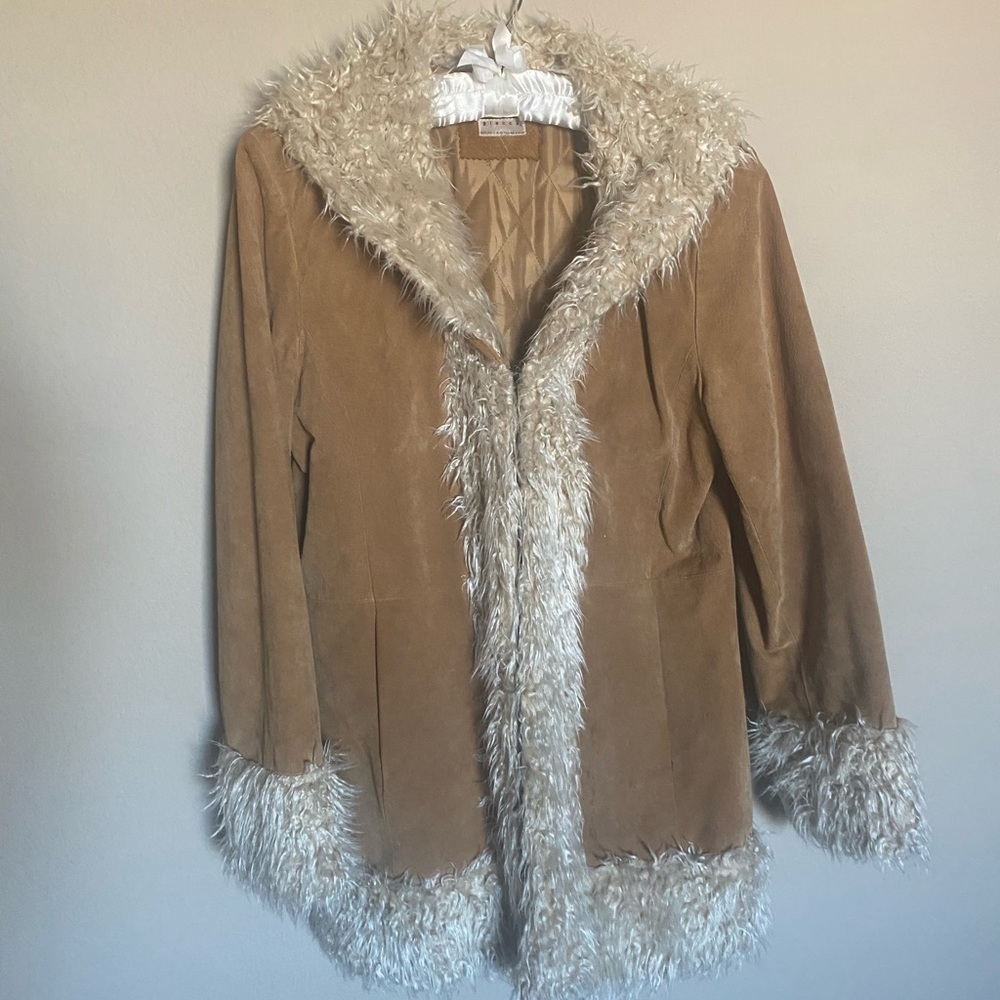 giacca Penny Lane Tan Suede Jacket with Cream Faux Fur Trim